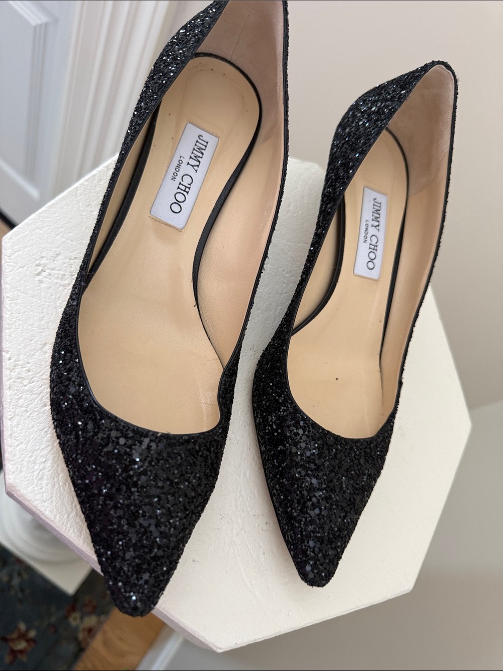 Jimmy Choo Black Glitter Pointed Pumps 41.5 EU Kitten heel ITALY